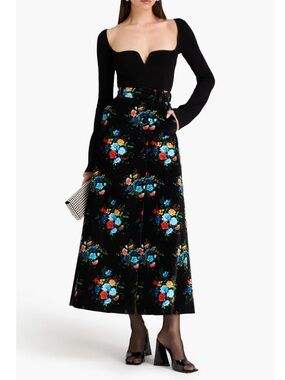 Paco Rabanne Floral Velvet Maxi Skirt - Black with Multicolor Roses size 34